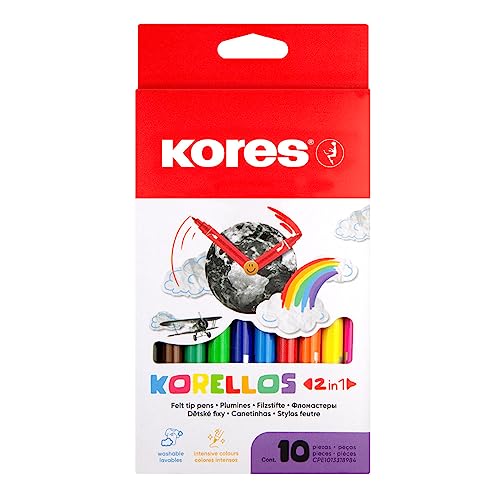 Kores - Korellos 2in1: 10 Doppelseitige Farbfilzstifte für Kinder und Erwachsene mit feiner und konischer Spitze, auswaschbar und langlebig, Schulbedarf Set aus 10 sortierten Farben Kores - Korellos 2in1: 10 Doppelseitige Farbfilzstifte für Kinder und Erwachsene mit feiner und konischer Spitze, auswaschbar und langlebig, Schulbedarf Set aus 10 sortierten Farben von Kores