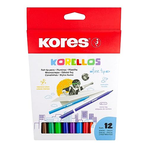Kores - Korellos: 12 Bunte Filzstifte für Kinder und Erwachsene mit Feiner Spitze, abwaschbar und langanhaltend, Schulbedarfs-Set mit 12 sortierten Farben von Kores