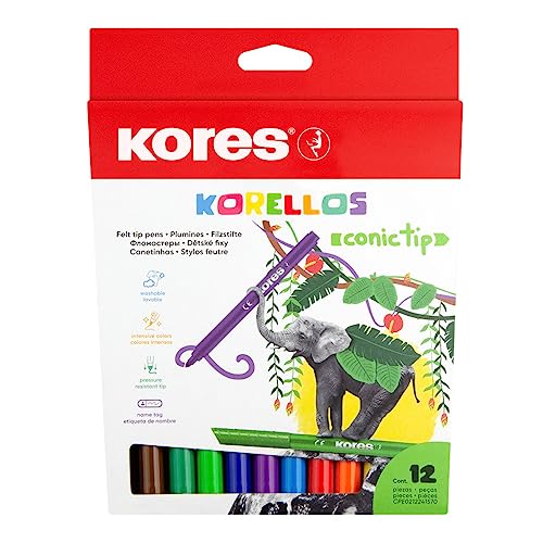 Kores - Korellos: 12 farbige Filzstifte für Kinder und Erwachsene mit konischer Spitze, waschbar und langlebig, Schulbedarf Set mit 12 verschiedenen Farben von Kores