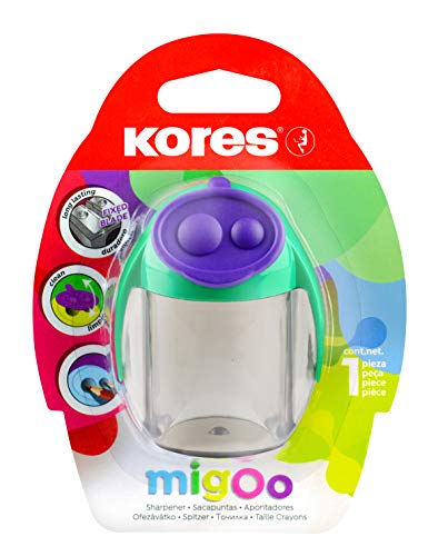 Kores - MigOo: Doppelloch Stiftspitzer mit Auffangbehälter für Kinder und Studenten, einmaliges und lustiges Design, Schul- und Bürozubehör, Packung von 1 Stück in 5 Sortierten Farbkombinationen von Kores