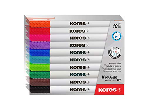 Kores - K-Marker: Bunte Whiteboard Markerstifte mit dünner Spitze, trocken abwischbar und nahezu geruchslose Tinte, Schul- und Bürobedarf, Set aus 10 Sortierten Farben von Kores