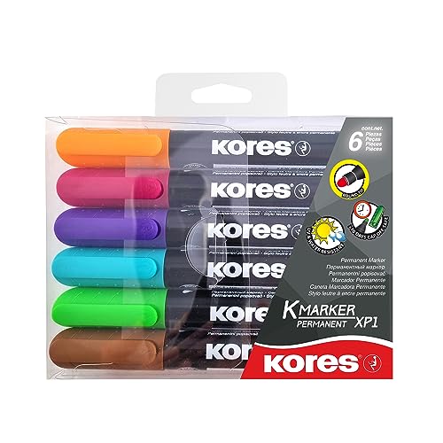 Kores - K-Marker XP1: Farbige Permanent Marker Stifte, Rundspitze mit wasserfester und geruchsarmer Tinte, für alle Oberflächen, Einzelpackung mit 6 farbigen Stiften von Kores