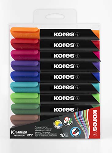 Kores - K-Marker XP2: Farbige Permanent Marker Stifte, Keilspitze mit wasserfester und geruchsarmer Tinte, für alle Oberflächen, Einzelpackung mit 10 farbigen Stiften von Kores