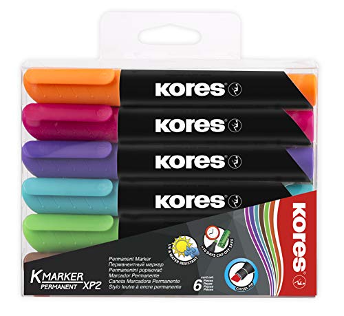 Kores - K-Marker XP2: Farbige Permanent Marker Stifte, Keilspitze mit wasserfester und geruchsarmer Tinte, für alle Oberflächen, Einzelpackung mit 6 farbigen Stiften von Kores