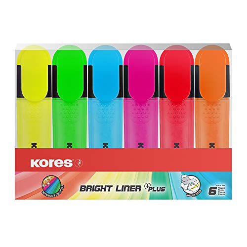 Kores TM36160 Textmarker 6er Set Bright Liner, gelb/grün/orange/pink/rot/blau von Kores