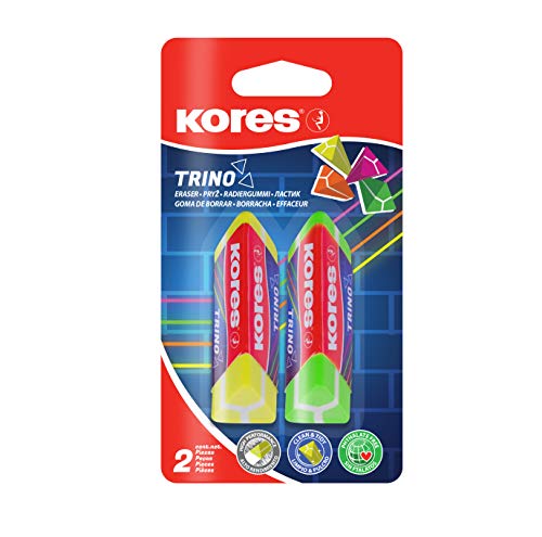 Kores - Trino: Farbiger Dreieckiger PVC Radierer mit Papierschleife für Kinder, Studenten und Erwachsene, ungiftig und kinderfreundlich, Schul- und Bürobedarf, 60 x 20 x 18 mm, 2 Stück Packung von Kores