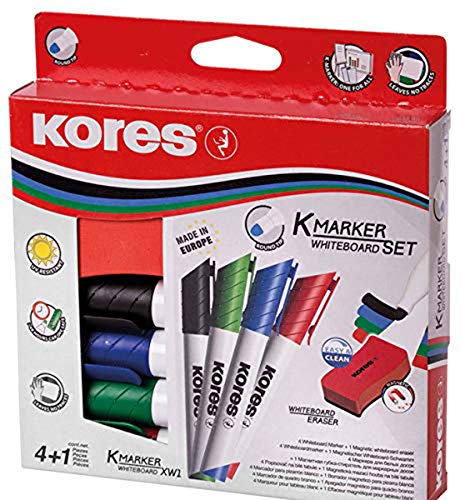 Kores Whiteboard-Marker Set, 4 Marker + Tafellöscher + 10 Magnete sortiert von Kores