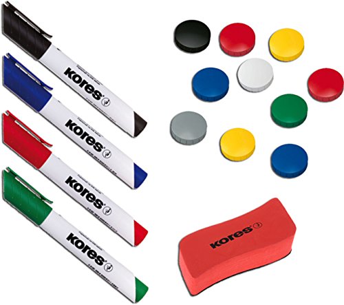 Kores Whiteboard Set / 4 Marker, 3 mm Rundspitze, schwarz/blau/rot/grün + Magnete 32 mm von Kores