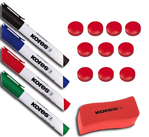 Kores WhiteboardMarker Starter Set, 4 Marker Rundspitze + Tafellöscher M20864 (Marker Whiteboard Set + Magnete, Rot (Magnete)) von Kores