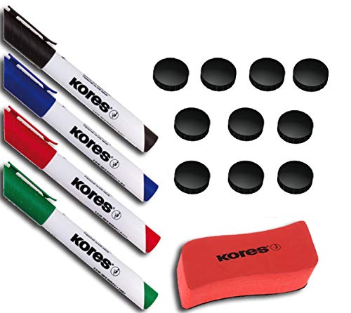 Kores WhiteboardMarker Starter Set, 4 Marker Rundspitze + Tafellöscher M20864 + 10 Rundmagnete schwarz von Kores