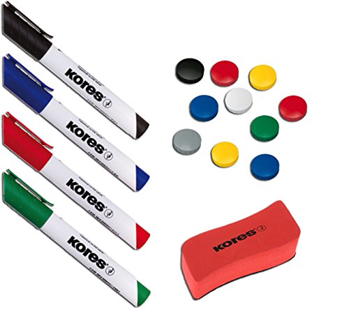 Kores WhiteboardMarker Starter Set, 4 Marker Rundspitze + Tafellöscher M20864 + 10 Rundmagnete sortiert (Set Start, sortiert) von Kores