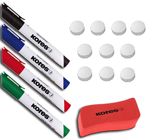 Kores WhiteboardMarker Starter Set, 4 Marker Rundspitze + Tafellöscher M20864 (Marker Whiteboard Set + Magnete, Weiß (Magnete)) von Kores