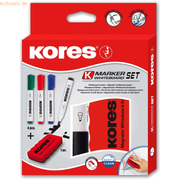 Kores Whiteboardmarker 3-5mm Keilspitze Set mit 4 Farben + Schwamm von Kores