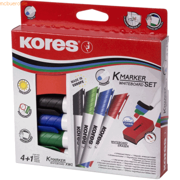Kores Whiteboardmarker 3mm Rundspitze Set mit 4 Farben + Schwamm von Kores
