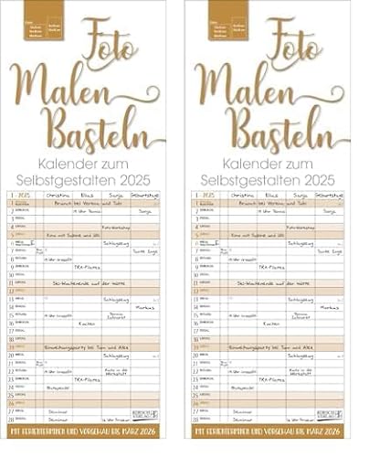 Familientimer 2025 gold Foto-Malen-Basteln: Familienplaner mit 4 Spalten als Fotokalender zum Selbstgestalten. Familienkalender mit Ferienterminen und festem Bastelpapier. (Packung mit 2) von Korsch Verlag