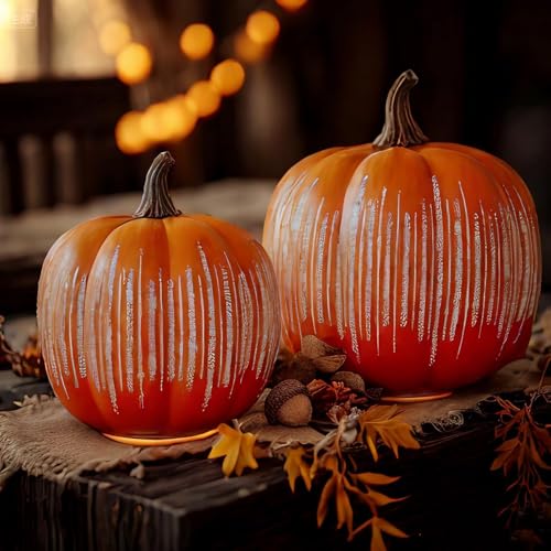 Set mit 2 Beleuchteten Sternennacht,Funkelnder Sternennacht-Glaskürbis Nachtlicht mit Timer-Beleuchtung, Herbst- und Erntedankdekorationen für den Tisch zu Hause oder im Landhausstil (Orange S+L) von Kosinso