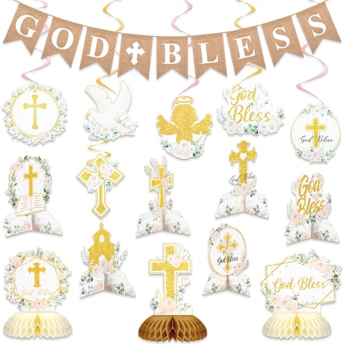 Kosiz 16 Stück Taufdekorationen 9 Gott Taufe Wabenaufsätze 6 hängende Wirbel 1 Gott Segen Banner für Mädchen Junge Gott Segen Erstkommunion Geburtstag Dekorationen von Kosiz