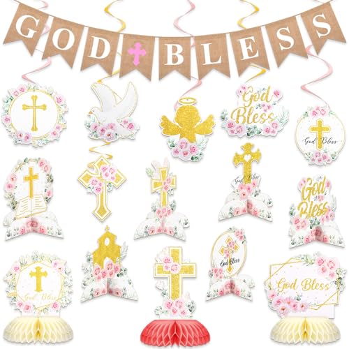 Kosiz 16 Stück Taufdekorationen 9 Gott Taufe Wabenaufsätze 6 hängende Wirbel 1 Gott Segen Banner für Mädchen Jungen Taufe Dekorationen Gott Segen Erstkommunion Geburtstag Dekorationen (Rosa) von Kosiz