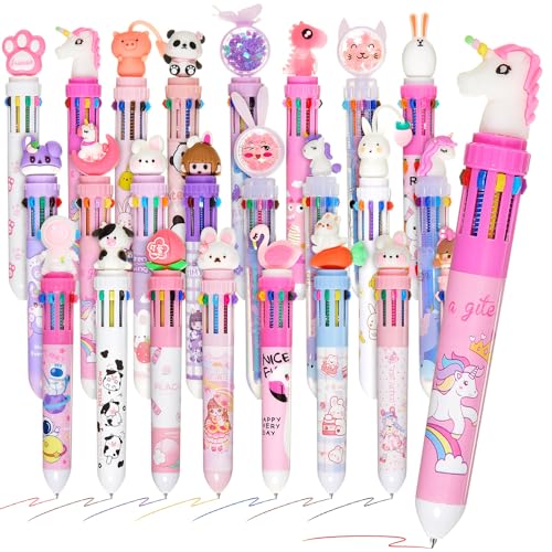 Kosiz Mehrfarbiger Kugelschreiber, 10-in-1, einziehbar, 0,7 mm, niedliches Tier-Cartoon-Design für Büro, Schule, Studenten, Belohnungen, Geburtstagsgeschenk (Mädchen-Stil), 24 Stück von Kosiz