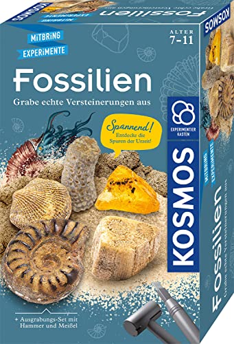KOSMOS 657918 Fossilien Ausgrabungs-Set, Grabe echte Versteinerungen und Bernstein selbst aus, mit Hammer und Meißel, Experimentierset für Kinder ab 7 Jahre von Kosmos