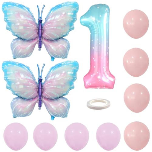 Kotkiddy® Gradient Pink Schmetterling Ballons 1. Geburtstag Dekoration Mädchen Deko 1 Jahre Geburtstag Party Set Riesige Bunte Schmetterling Folie Ballon von Kotkiddy