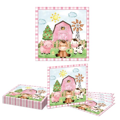 Kotkiddy 20 Stück Bauernhof Tiere Partyartikel Servietten Bauernhof Geburtstags Party Stall Tiere Thema Party süße Tiere Papier Servietten（Rosa） von Kotkiddy