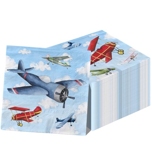 Kotkiddy 20 Stück Flugzeug Party Dekorationen Flugzeug Party Servietten Zubehör Hubschrauber Blauer Himmel Weißes Thema Einweg Papier Servietten von Kotkiddy