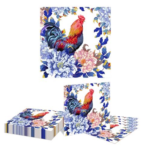 Kotkiddy 20 Stück Hahn Servietten, Blaue Blumen Einweg Servietten, Ländliche Blumen Geflügel Dessert Abendessen Hand Servietten für Landhaus Zubehör von Kotkiddy