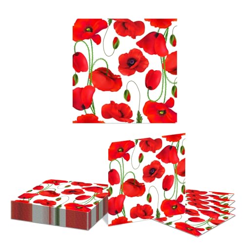 Kotkiddy 20 Stück Rote Mohnblumen Blumen Servietten, Blumen Papier Servietten Einweg, Blumen Party Papier Servietten Verzierung für Frühling Sommer Herbst von Kotkiddy