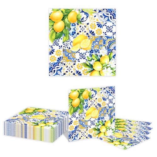 Kotkiddy 20 Stück Zitronen Papier Servietten Blau Gelb Einweg Servietten Dekorative Dinner Servietten Mittagessen Servietten für Party Zubehör Tischdeko von Kotkiddy