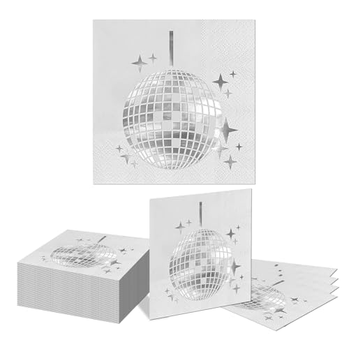 Kotkiddy 40 Stück Disko Party Cocktail Servietten, modisch, Einmalig, 70er 80er 90er Party Artikel, Disko Cocktail Servietten für Verlobung Geburtstag Abschlussfeier (Silber) von Kotkiddy