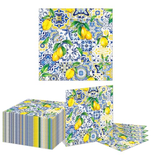 Kotkiddy 40 Stück Fliesen Zitronen Papier Servietten Blau Gelb Einmalige Servietten Dekorative Abendessen Servietten Mittagstisch Servietten für von Kotkiddy