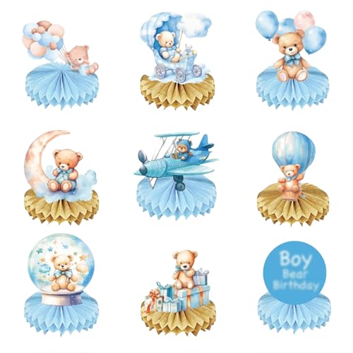 Kotkiddy 9 Stück Bären Baby Shower Honeycomb Centerpieces Bären Tischdecorationen 3D Tischdekor für Kindergeburtstag Geschlechtsaufdeckung Neugeboren Party (Blauer Bär) von Kotkiddy