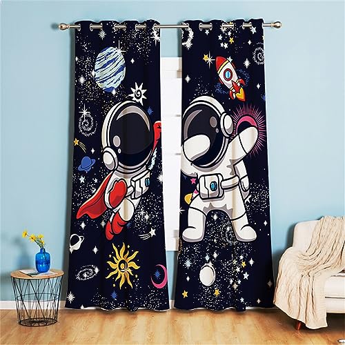 Koudi Astronauten Vorhänge Weltall Sternenhimmel Universum Muster Gardinen mit Ösen für Kinderzimmer, Babyzimmer 160 x 132cm (H × B) von Koudi