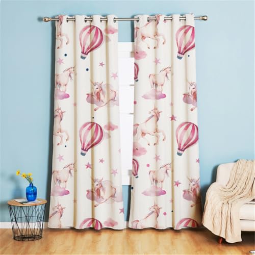 Koudi Rosa Einhorn Vorhänge Mädchen Stern-Muster Ösen Gardinen mit Blickdichte Vorhang Heißluftballon Blackout Curtain Kinderzimmer Schlafzimmer Verdunkelung Fenster, 2 Stück, 160 x 107cm (H x B) von Koudi
