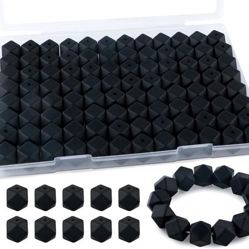 Kovict Sechseckige Silikonperlen, 14 mm, Großpackung Silikonperlen für Schlüsselanhänger, Armbänder, Halsketten, Bastelarbeiten, Schwarz, 96 Stück von Kovict