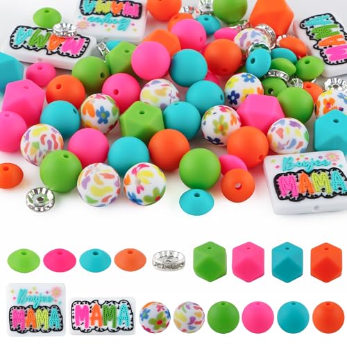 Kovict Silikonperlen für Schlüsselanhänger, 10 mm, Rondelle, Strass, Abstandshalter, Druck, Sechseck, rund, Rosa, Grün, Orange, Türkis, 82 Stück Kovict Silikonperlen für Schlüsselanhänger, 10 mm, Rondelle, Strass, Abstandshalter, Druck, Sechseck, rund, Rosa, Grün, Orange, Türkis, 82 Stück von Kovict