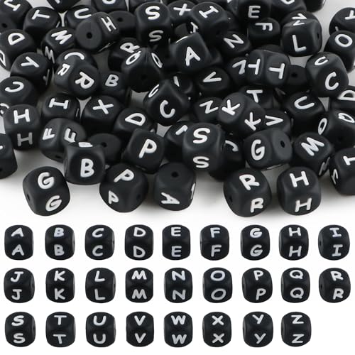 Kovict Silikonperlen für Schlüsselanhänger, 12 mm, Schwarz, quadratisch, Buchstabenperlen für Armbänder, Halsketten, Stifte, DIY-Dekoration, 78 Stück von Kovict