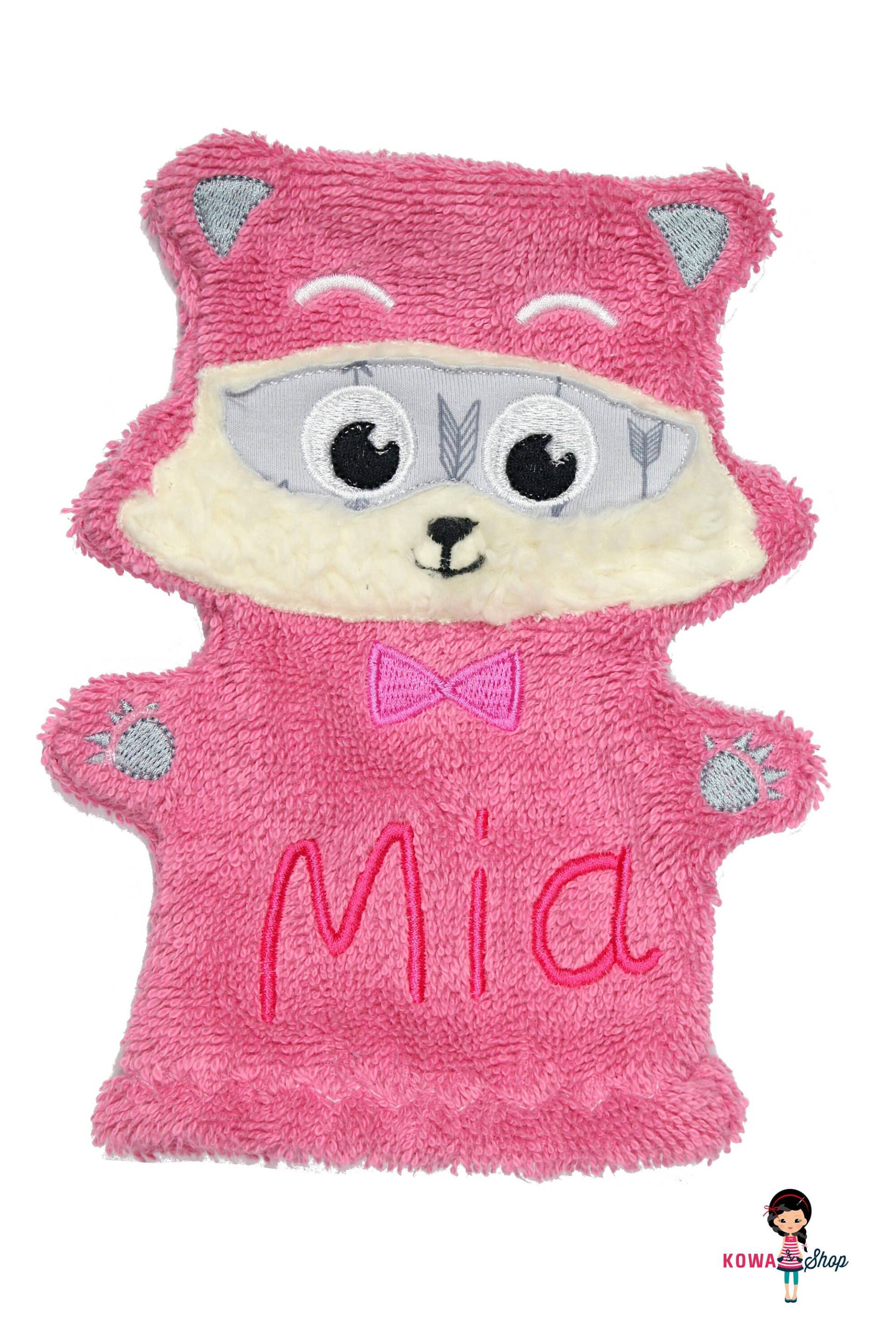 Waschhandschuh Mit Namen Waschbär Rosa/Pink/Grau Waschhandschuh Mit Namen Waschbär Rosa/Pink/Grau von KowaShopHandgemacht