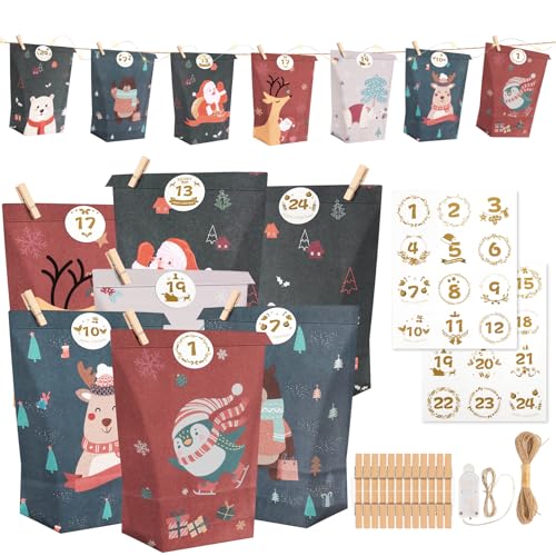 2025 Adventskalender zum Befüllen 24 DIY Adventskalender Zubehör Personalisierte Papiertüten zum Selber Basteln mit Tüten und Zahlen Aufkleber, Weihnachtskalender Papiertüten zum Selbstbefüllen (B) von Koytoy