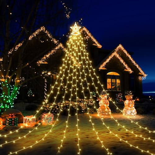 Koytoy Weihnachtsbaum Lichterkette Mit Stern 3.5m x 9 Vorhänge mit Sterne, 350 LED Lichterkette Weihnachtsbaum 8 Modi Christbaumbeleuchtung, weihnachtsbeleuchtung, Warmes Weiß (A) von Koytoy