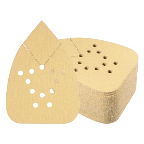 Kozelo 50 Stück Mausschleifer Detail Schleifpapier - [100 Körnung, 3,7" x 5,3"] Dreieckige Klettverschluss Schleifpads für Holzmöbel Polieren | 12 Löcher, Aluminiumoxid von Kozelo