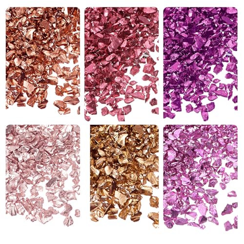 Kozelo 6 Farben Crushed Glass Chips - [1-4mm x 28g] Unregelmäßige metallische Glas Rot Farbserie für DIY Dekoration Handwerk Nagelkunst, elektroplattierte Oberfläche von Kozelo