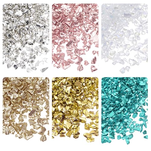 Kozelo 6 Farben Zerkleinerte Glasstücke - [1-4mm x 28g] Unregelmäßige Metallische Glas Gold Ton Helle Farbserie für DIY Bastelarbeiten Nagelkunst, Elektroplattierte Oberfläche von Kozelo