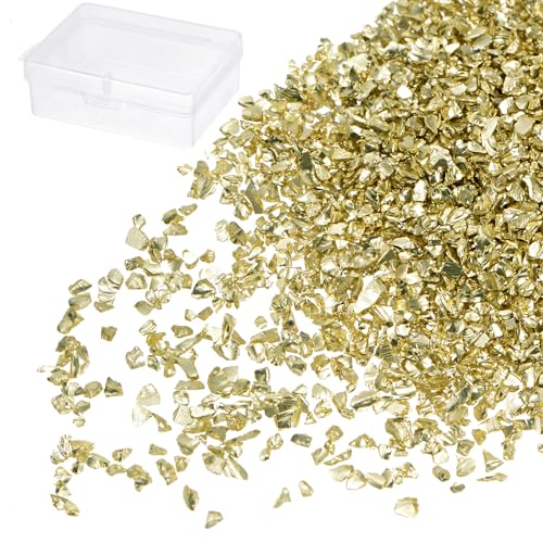 Kozelo Zerkleinerte Glassplitter - [1-3mm x 50g] Unregelmäßiges metallisches Glas in flachem Gold für DIY-Dekoration und Nagelkunst, elektroplattierte Oberfläche von Kozelo