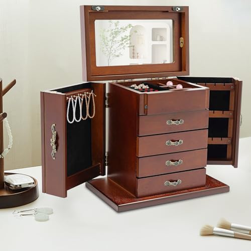 Schmuckkästchen Schmuckaufbewahrung Groß Holz Schmuckschatulle mit 4 Ebenen Schmuckkasten Schmuckbox Schmuck Organizer, Schubladen für Ringe, Ohrringe von Kozivmo
