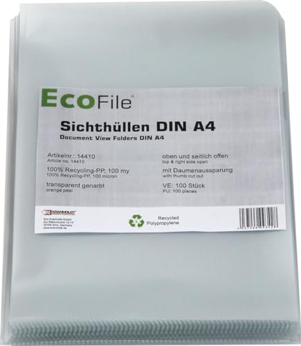 Sichthüllen Aktenhüllen / 100 Stück / A4 nachhaltig, Recycling PP 100 my, mit Daumenaussparung, oben und seitlich offen, Farbe: transparent genarbt Sichthüllen Aktenhüllen / 100 Stück / A4 nachhaltig, Recycling PP 100 my, mit Daumenaussparung, oben und seitlich offen, Farbe: transparent genarbt von Kranholdt