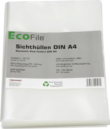 Sichthüllen Aktenhüllen A4 / 100 Stück/nachhaltig aus Post-Consumer-Recycling PP 120 my transparent, oben und seitlich offen – (Transparent glatt glasklar) von Kranholdt