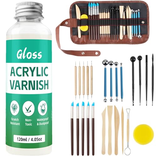 120 ml lufttrocknende Ton-Glasur mit 24-teiligem Clat-Werkzeug-Set, Glanz-Polymer-Ton-Set und Ton-Lack, Töpferwerkzeug-Set für Modellierung, Formen, Hochglanz, kratzfest von Krbnk