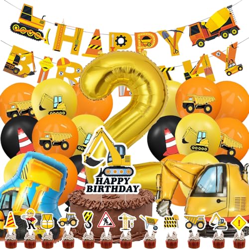 Bagger Geburtstag Deko Set, Bagger Deko Kindergeburtstag 2 Happy Birthday Banner Orange Gelb Schwarz Geburtstag Luftballons Baufahrzeug Folienballon und Bagger Kuchen Deko für Party Dekorationen von KreEzi